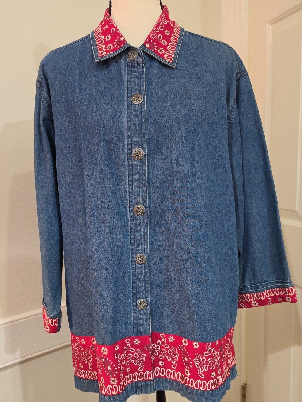 Vtg 90s Tantrums Western Bandana Print Denim Shirt Jacket Shacket Medium Wash 2X